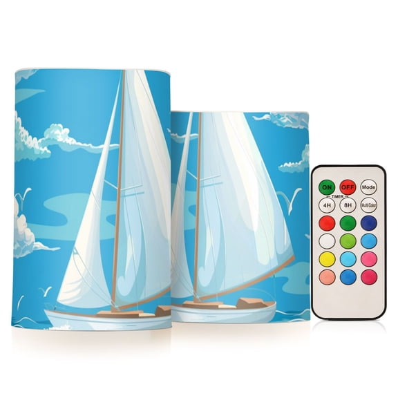 Sailing Boat Ocean Gulls Clouds Flickering Flameless Candles LED Tealight Battery Operated with Remote Set of 2 Holiday Decor Ornaments