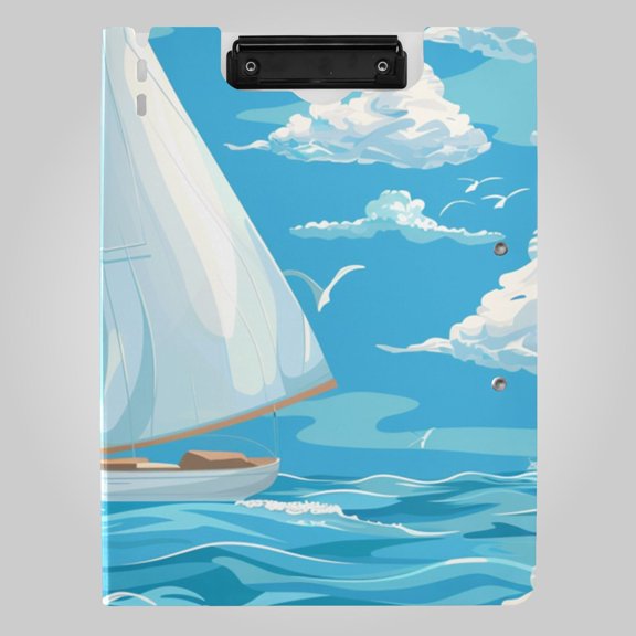Sailing Boat Ocean Gulls Clouds Foldable Binder Folder Clipboard with Pen Slot Double Clips A4 Size File Storage