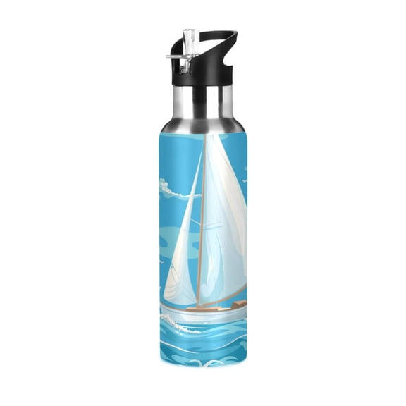Sailing Boat Ocean Gulls Clouds Sports Bottle with Straw Stainless Steel Water Jug Portable Thermal Cup Leak-proof 1000ML