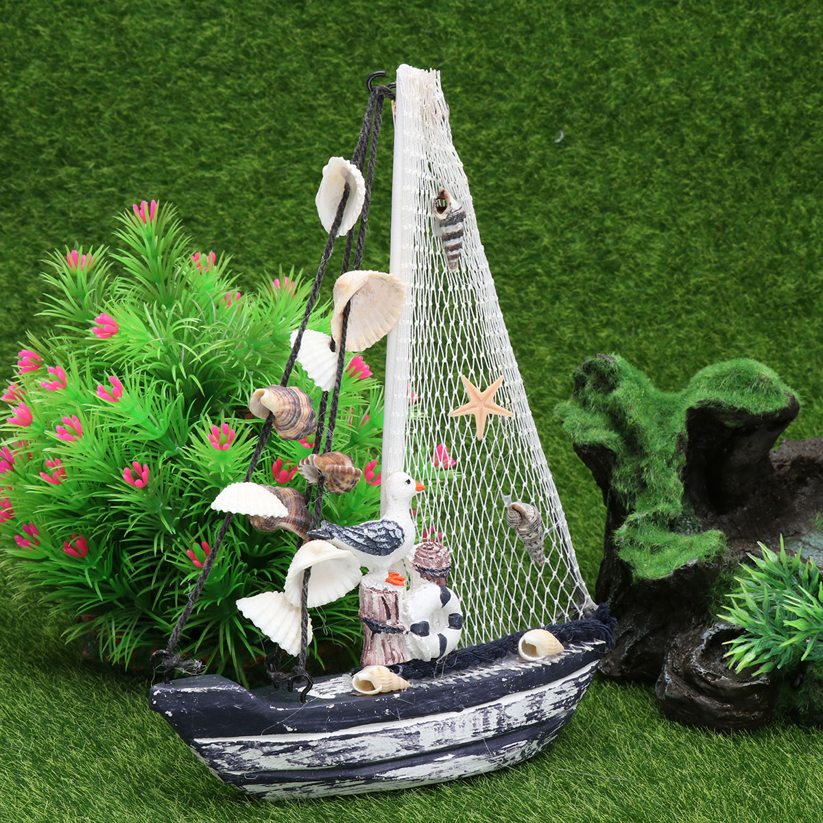 Sailing Boat Ornament Marine Shell Sailing Boat Ship Model Mini Wooden