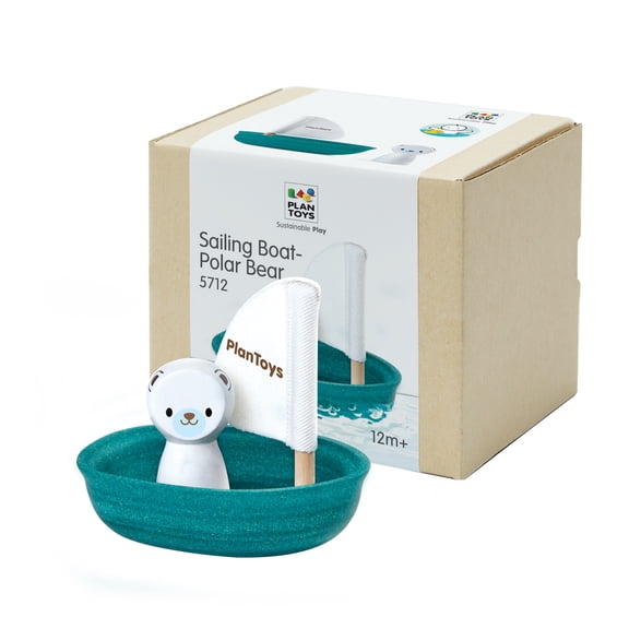 PlanToys® Polar Bear Sailing Boat Bath Toy for Toddlers | Montessori Wooden Water Toys for Kids | Eco-Friendly Floating Boat for Bathtub, Pool & Water Table