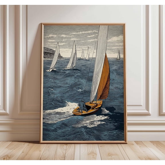 Sailing Boat Regatta Nautical Ocean Vintage Coastal Maritime Illustration Print, Unframed Paper Poster 8x10in