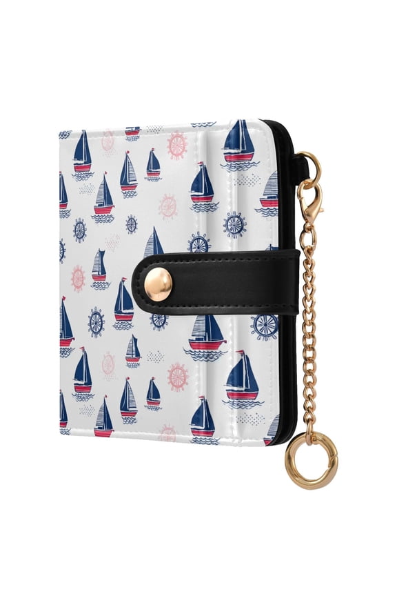 Sailing Boat Rudder Small Wallet for Women RFID Blocking Bifold PU Leather Credit Card Holder with Zipper Coin Pocket Compact Cute Travel Purse Magnetic Snap 7 Card Slots