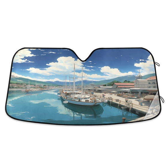 Sailing Boats Docked in Town Car Windshield Sun Shade Foldable Car Front Window Visor Heat and UV Protection 53x23.5
