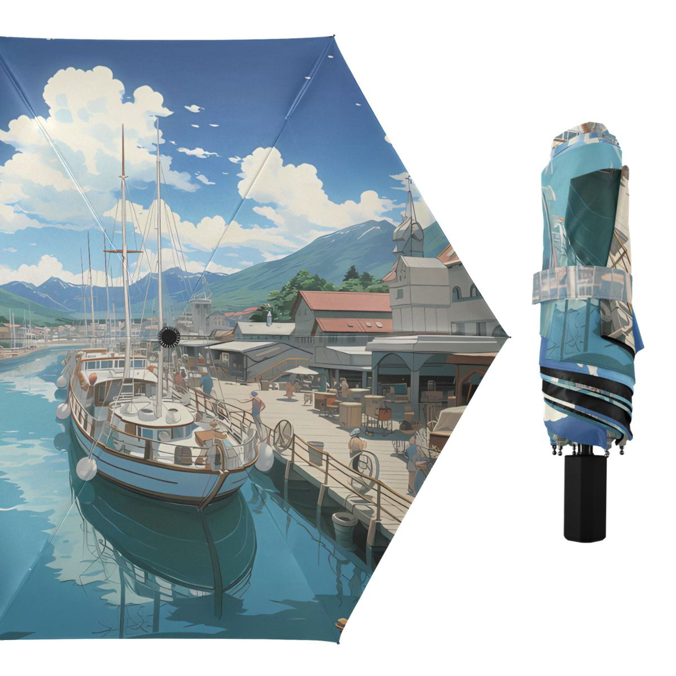 Sailing Boats Docked in Town Compact Sun Umbrella Windproof Travel Umbrellas for Rain Strong Portable UV Protection