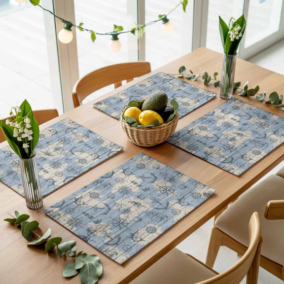 Sailing Compass Anchor Lighthouse Placemats Set of 4,Wipeable Washable Table Mats for Dining Tables, Map Fish on Wood Board Place Mats for Kitchen Event Party Tabletop Decor