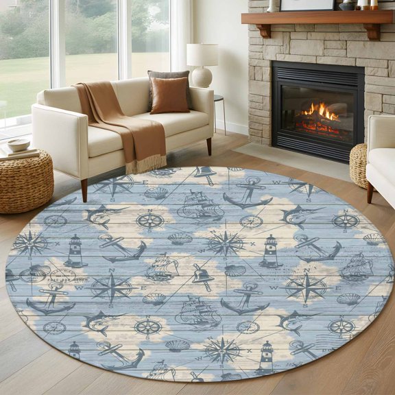 Sailing Compass Anchor Lighthouse Round Rug 5ft Map Fish on Wood Board Washable Area Rugs for Living Room Bedroom Entryway Non Slip Entrance Door Mat Indoor Floor Carpet