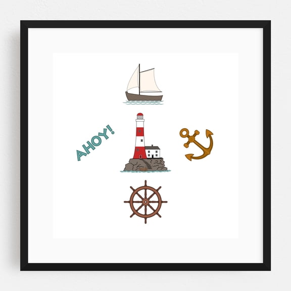 Sailing Design Color - Digital Art Nautical Lighthouse Sailboat Boat Seaside Coastal Black Framed Wall Art Print 8 x 8 inches