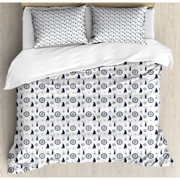 Sailing Duvet Cover Set, Anchor Sailboat Bell Compass Open Sea Print on Plain Background, Decorative 3 Piece Bedding Set with 2 Pillow Shams, Queen Size, Dark Teal Camel White, by Ambesonne