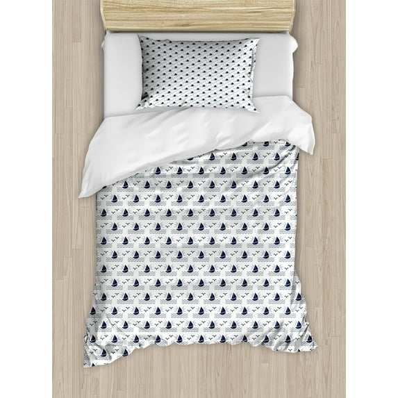 Sailing Duvet Cover Set, Repetitive Waves Sea Sailboat Seagulls Simplistic Illustration, Decorative 2 Piece Bedding Set with 1 Pillow Shams, Twin Size, Dark Violet Blue White, by Ambesonne