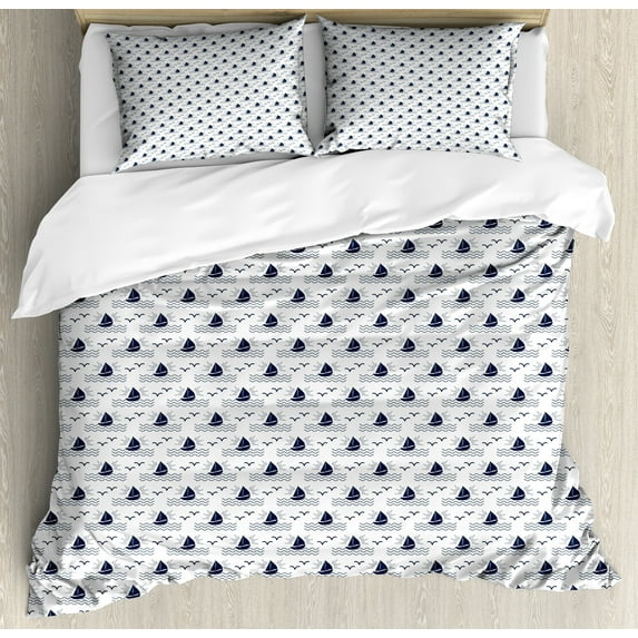 Sailing Duvet Cover Set, Repetitive Waves Sea Sailboat Seagulls Simplistic Illustration, Decorative 3 Piece Bedding Set with 2 Pillow Shams, Queen Size, Dark Violet Blue White, by Ambesonne