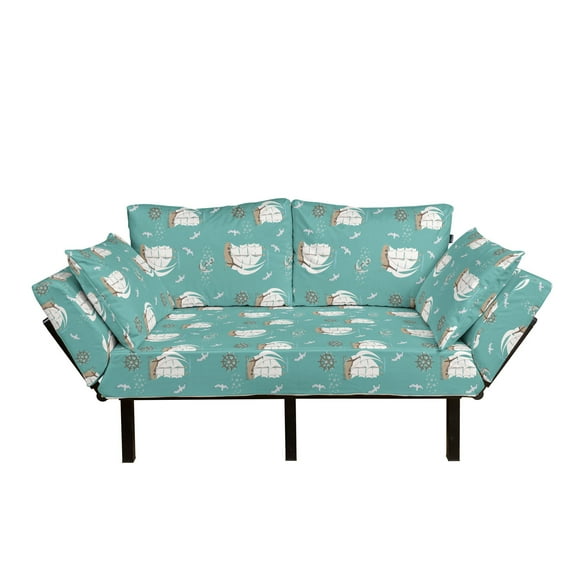 Sailing Futon Couch, Repeating Seagulls Pirate Clipper Ship Anchor Marine Illustration, Daybed with Metal Frame Upholstered Sofa for Living Dorm, Loveseat, Pale Teal Ivory, by Ambesonne