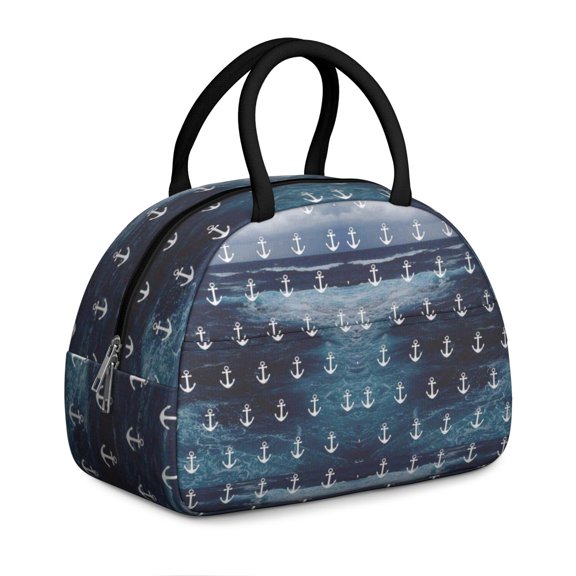 Sailing-Inspired Lunch Tote with Compass and Wave Print, Maritime Anchor Theme, Reusable Insulated Cooler for Beach Picnics, Office, or Seaside Adventures