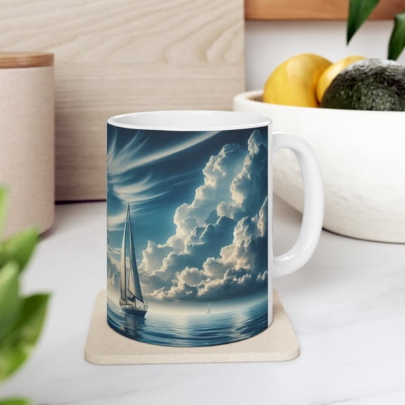 Sailing Into The Blue Sailboat Original Areramic Coffee Tea Cup Mug, oz, oz Ocean Coastal Gift Present.