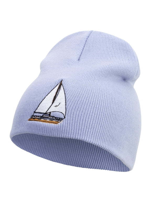 Sailing Lake Boat Embroidered 8 inch Acrylic Short beanie - Lt Blue OSFM