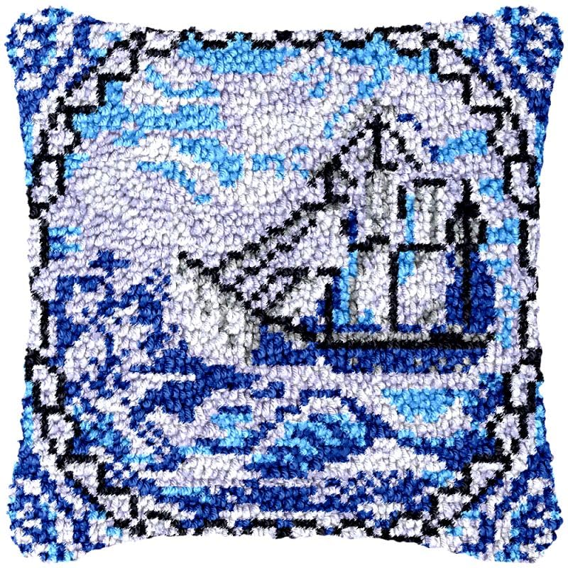 Sailing Latch Hook Pillow Cover Kits for DIY Handmade Throw Pillow Cross Stitch Latch Hook Pillowcase Rug Kits with Preprinted Color Pattern Canvas Crochet Yarn Kits 17''X 17''(ys96)