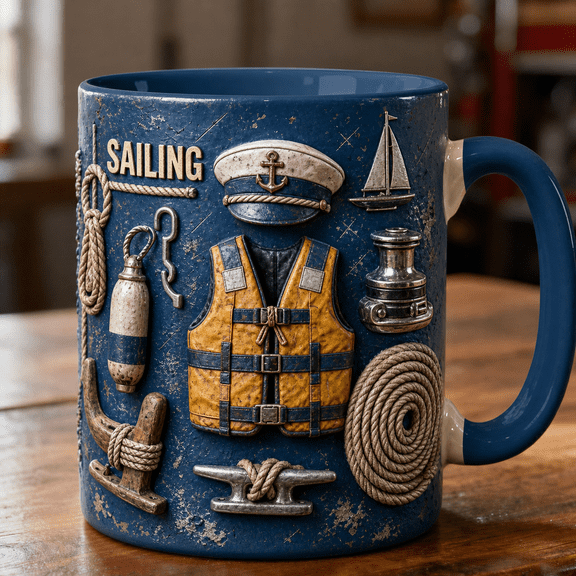 Sailing Mug 3D Effect Ocean Blue Nautical Coffee Cup for Sailboat Lovers