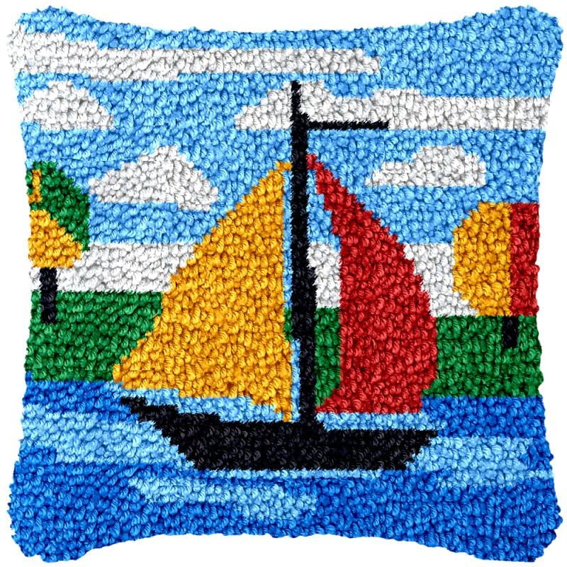 Sailing Ocean View Latch Hook Pillow Cover Kits for DIY Handmade Throw Pillow Cross Stitch Latch Hook Pillowcase Rug Kits with Preprinted Color Pattern Canvas Crochet Yarn Kits 17''X 17''(ch185)