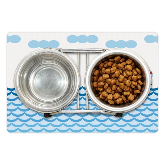 Sailing Pet Mat for Food and Water, Continuous Sailboats on Waves Open Sea Doodle, Non-Slip Rubber Mat for Dogs and Cats, 18" X 12", by Ambesonne