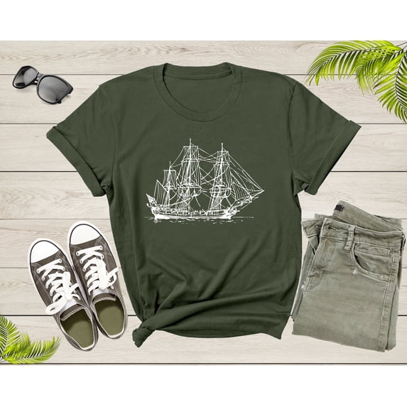 Sailing Pirate Ship Boat in the Water Hand Drawn Vessel Sail T-Shirt Sailboat Lover Sailor Gift T Shirt for Men Women Kids Boys Girls Tshirt