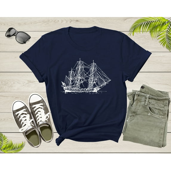 Sailing Pirate Ship Boat in the Water Hand Drawn Vessel Sail T-Shirt Sailboat Lover Sailor Gift T Shirt for Men Women Kids Boys Girls Tshirt
