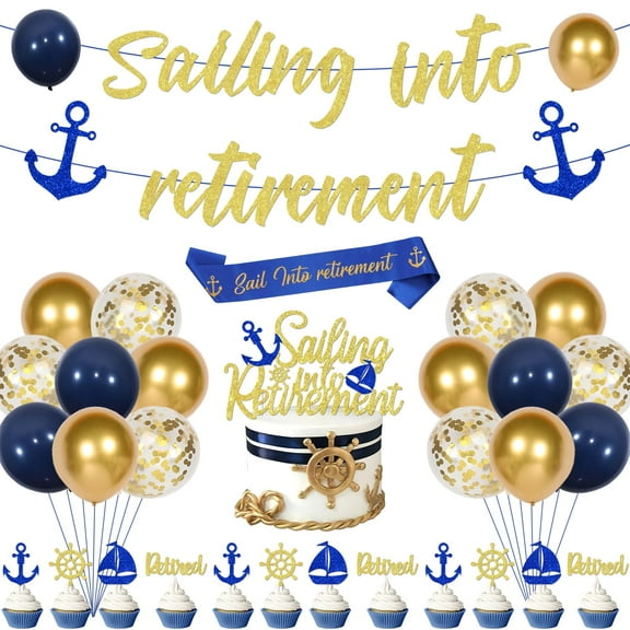 Sailing Into Retirement Decorations Set Nautical Retirement Party Theme Banner Navy Sailor Theme Cake Toppers Ballons for Sailor Men Happy Retirement Officially Retired Party Supplies