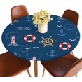 thumbnail image 1 of Sailing Round Tablecloths Elastic Edged Anchor Helm Lifebuoy Lighthouse Bird Nautical Navy Blue Washable Reusable Tablecloths for Kitchen Party 40-44 inch, 1 of 6