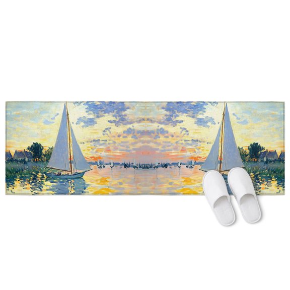 Sailing Sailboat 2 Pieces Non-Slip Kitchen Mat Set, Oil Painted Sunset Ocean Houses Soft Door Mat with Rubber Backing, Dirtproof Rugs for Entrance Doorway, 23.6 x 70.9in