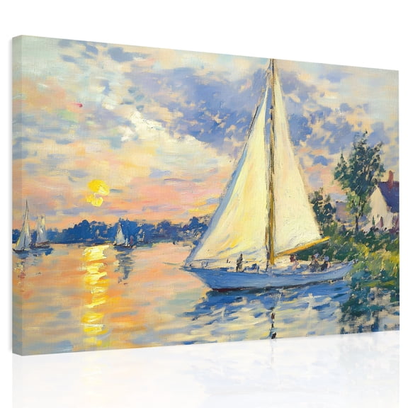 Sailing Sailboat Canvas Print Wall Art, Oil Painted Sunset Lake Wall Decor Modern Artwork Paintings Pictures for Living Room Framed and Stretched Ready to Hang 24" x 32"