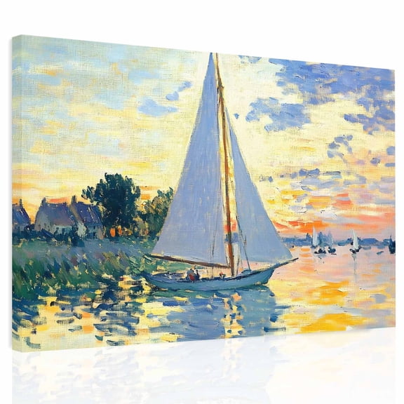 Sailing Sailboat Canvas Print Wall Art, Oil Painted Sunset Ocean Houses Wall Decor Modern Artwork Paintings Pictures for Living Room Framed and Stretched Ready to Hang 16" x 20"