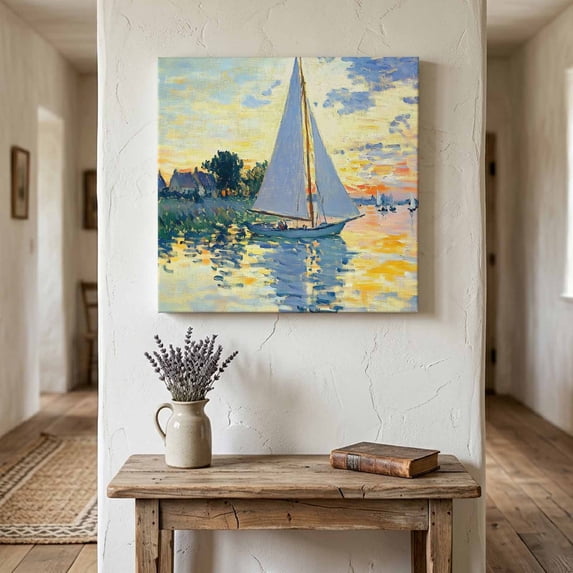 Sailing Sailboat Canvas Wall Art for Living Room Bedroom Bathroom, Oil Painted Sunset Ocean Houses Canvas Art Wall Decor, Artwork for Walls Home Office Decor, 8"x8"