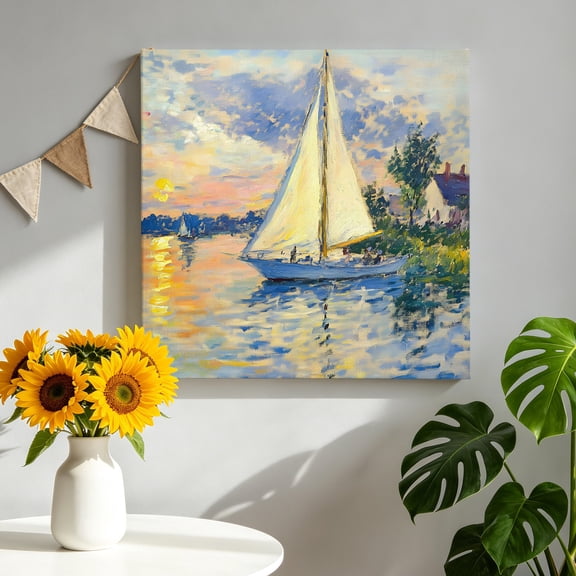 Sailing Sailboat Canvas Wall Art, Oil Painted Sunset Lake Framed Canvas Wall Decor Picture Print Artwork Decorations for Living Room Office Ready to Hang 8" x 8"
