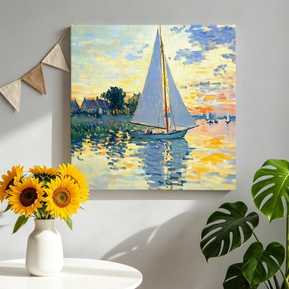 Sailing Sailboat Canvas Wall Art, Oil Painted Sunset Ocean Houses Framed Canvas Wall Decor Picture Print Artwork Decorations for Living Room Office Ready to Hang 10" x 10"