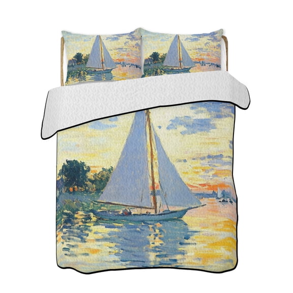 Sailing Sailboat Quilts Bedding Set Full Size Oil Painted Sunset Ocean Houses Lightweight Quilted Bedspread 3 Piece Bed Quilt with 2 Pillow Shams All Season for Bedroom 68" x 98"