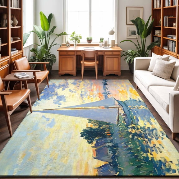 Sailing Sailboat Washable Area Rug 9 x 12 ft Oil Painted Sunset Ocean Houses, Soft Non Slip Rugs Stain Repellent Indoor Felt Carpet for Living Dining Room Bedroom Home Office