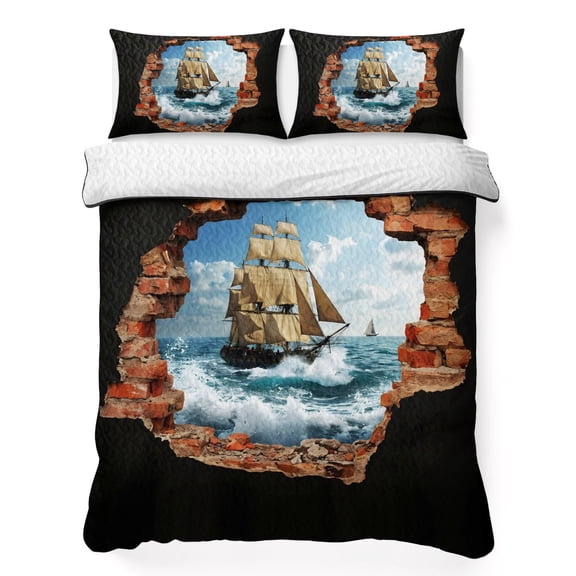 Sailing Ship 3 Piece Quilt Bedding Set with 2 Pillow Shams, Art Romantic Broken Brick Vintage Vessel Ocean Wave Lightweight Bedspread Coverlet, Soft Breathable All Season Quilt, 68 x 86 Inch