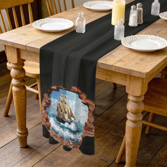 Sailing Ship 4.5ft Cheesecloth Table Runner for Wedding 19"x55", Art Romantic Broken Brick Vintage Vessel Ocean Wave Kitchen Dinner Sheer Tulle Chiffon Dresser Scarf, Holiday Party Decorations