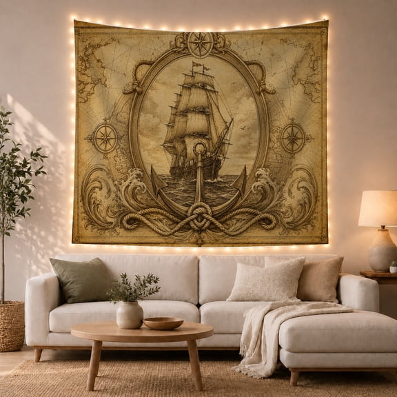 Sailing Ship with Anchor and Rope on Old Map, Adventurous Vintage Style for Nautical Decor Lovers, Ship Wall Art, Housewarming Gift, Tapestry Wall Hanging for Study Room and Office