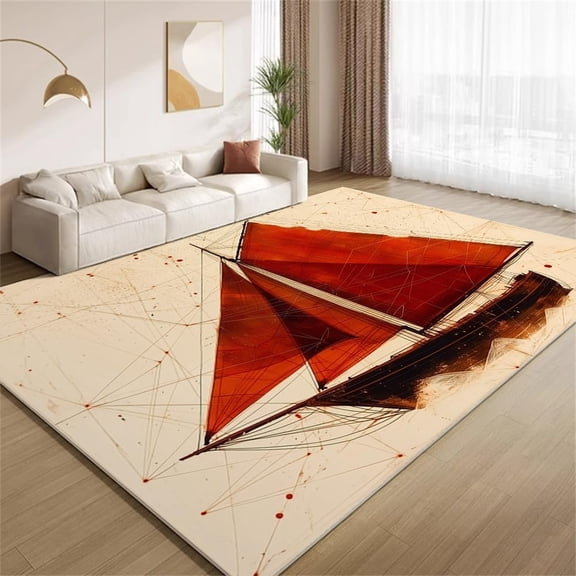 Sailing Ship Area Rugs, Red Vintage Painting Sailing Ship Carpet, Washable Non Slip Low Pile Soft Rug for Entryway Bedroom Living Room Decor Mat 2ftx3ft