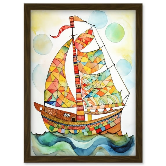 Sailing Ship At Sunrise Folk Art Artwork Framed Wall Art Print A4
