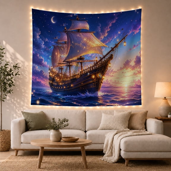 Sailing Ship Beneath a Crescent Moon on Sunset Ocean, Dreamy Fantasy for Ocean Lovers, Nautical Wall Decor, Housewarming Gift, Tapestry Wall Hanging for Bedroom and Dorm