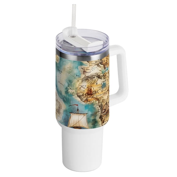 Sailing Ship Boat Map Mermaid 40 oz Tumbler with Handle InsulatedTravel MugLid Straw Leak Proof Steel Vacuum Water Bottles Glasses Fits in Car Cup Holder