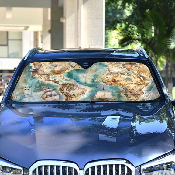 Sailing Ship Boat Map Mermaid Automotive Front Car Windshield Sun Shade Reflector Foldable for Front Fit for Cars Truck SUVs