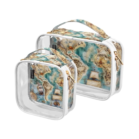 Sailing Ship Boat Map Mermaid Clear Cosmetic Bags with Handles PVC Toiletry Bags Zipper Waterproof Portable for Traveling 2 Pcs