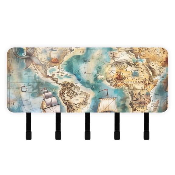 Sailing Ship Boat Map Mermaid Mail Holder Organizer Wall Mount with Shelf Key Holder Key Rack with 5 Key Hooks for Wall Decorative