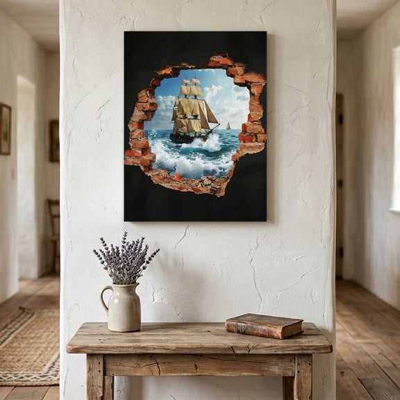 Sailing Ship Canvas Wall Art for Living Room Bedroom Bathroom, Art Romantic Broken Brick Vintage Vessel Ocean Wave Canvas Art Wall Decor, Artwork for Walls Home Office Decor, 8"x10"