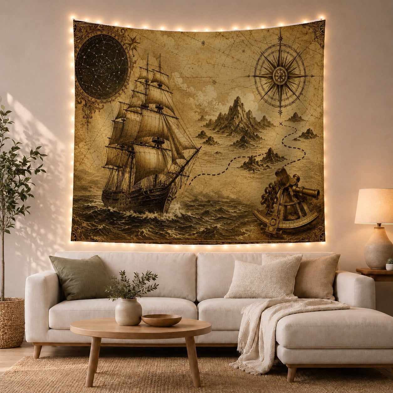 Compass Rope Map Art Sailing Ship on Dark Waves with Compass Rose and Treasure Map ...
