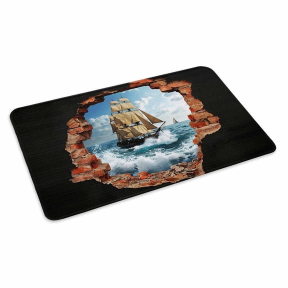 Sailing Ship Doormat Art Romantic Broken Brick Vintage Vessel Ocean Wave Non Slip Low Profile Rubber Door Mat Washable Absorbent Indoor Front Door Mat Entryway Rug Entrance Carpet 16x24 Inch