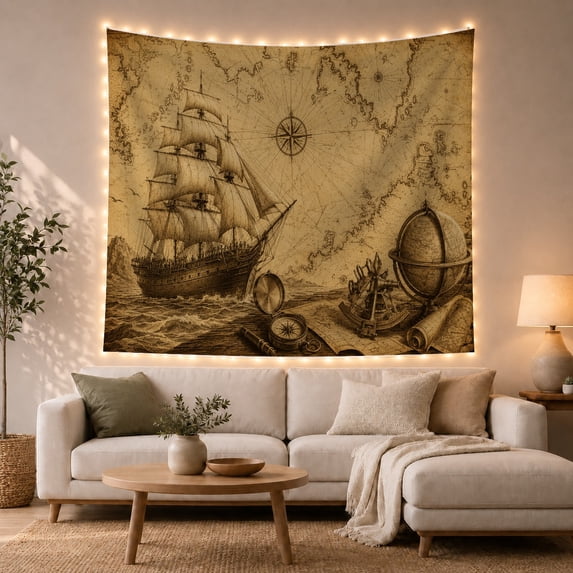 Sailing Ship with Globe and Compass on Old Map, Adventurous Vintage Style for Map Lovers, Nautical Wall Art, Housewarming Gift, Tapestry Wall Hanging for Study Room and Office
