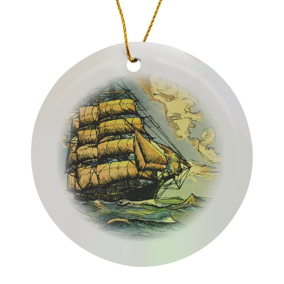 3drose, Sailing Ship in Gold and Blue, Circle Porcelain Ornament